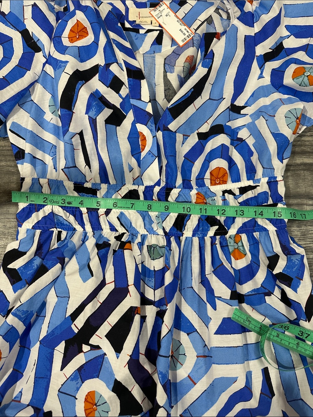 Anthropologie Blue Geometric Print Tiered Maxi Dress with Orange Accents. - Picture 7 of 8